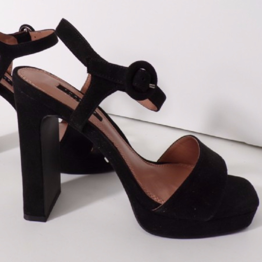 Topshop Widefit Platform Black Suede 5" Heels Ankle & Toe Strap Sandals Size 37